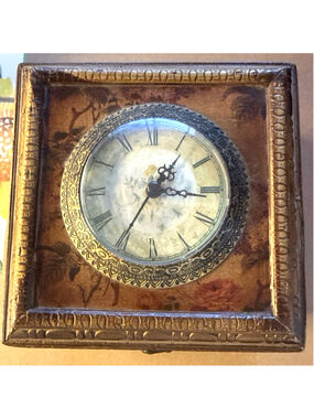 Wood Box Mirror Clock Lacquered Latch Works Brown Bronze Brass Antique Look